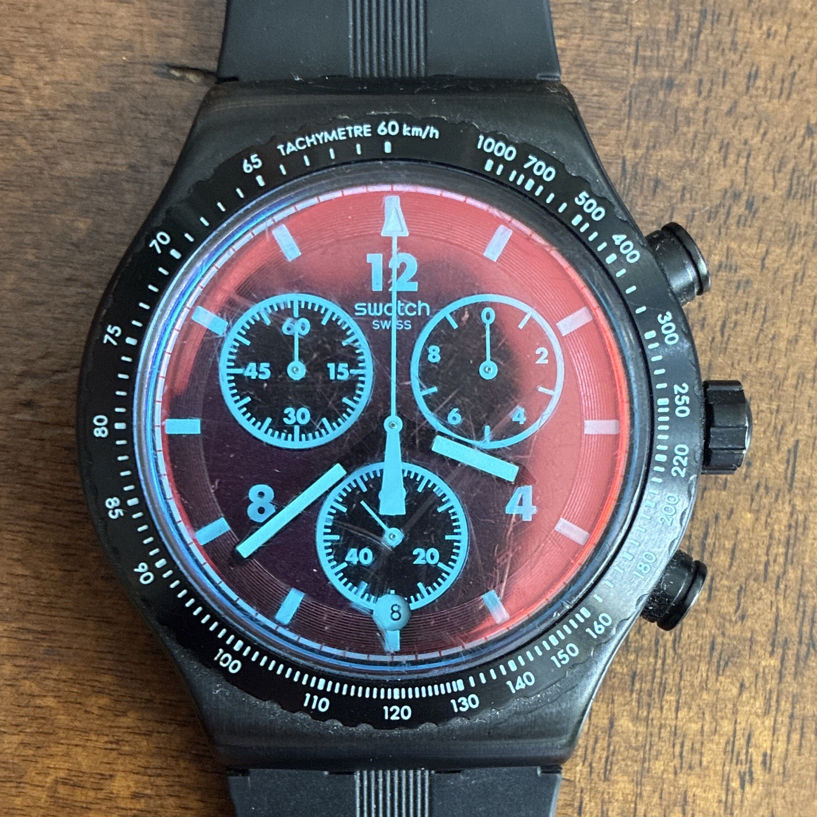 Swatch Swiss Made Chronograph Tachymeter, Crimson Mystique, Rubber Strap Watch