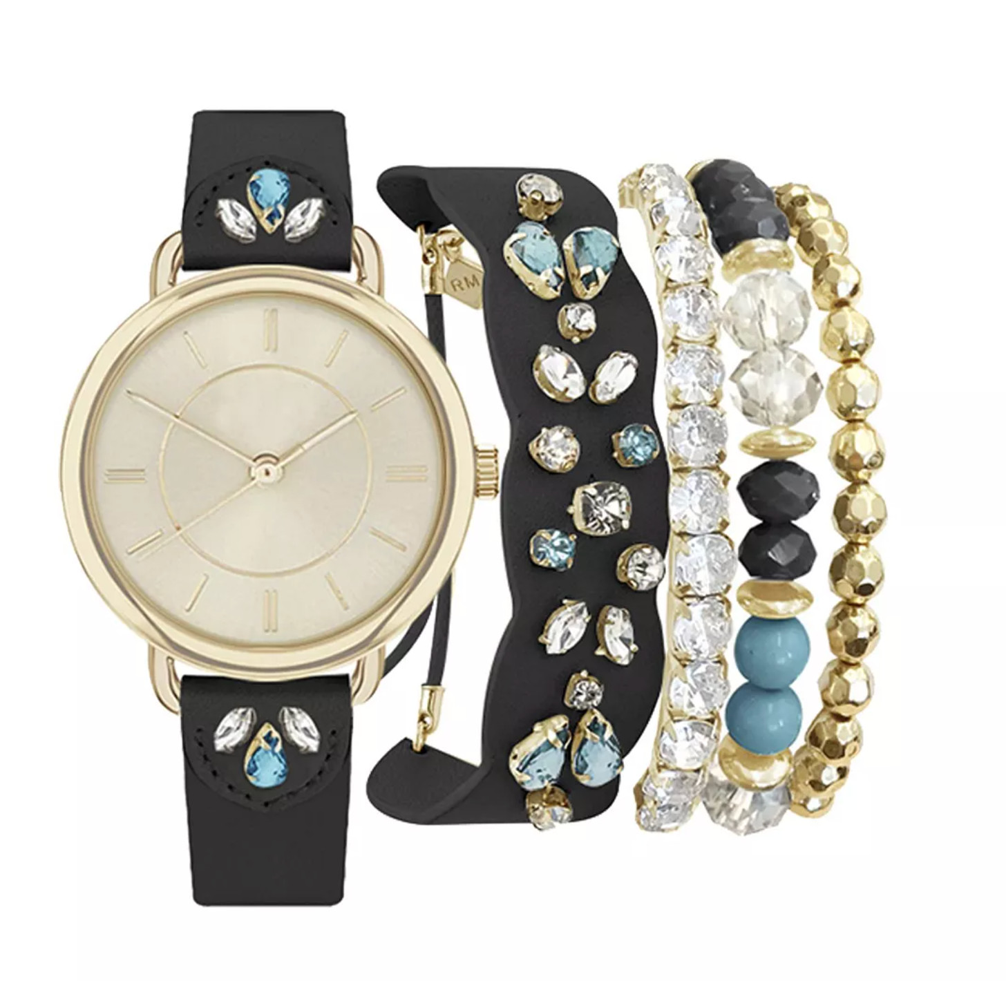 JESSICA CARLYLE LADIES QUARTZ BLACK GOLD-TONE WATCH 34 MM BRACELET SET NIB