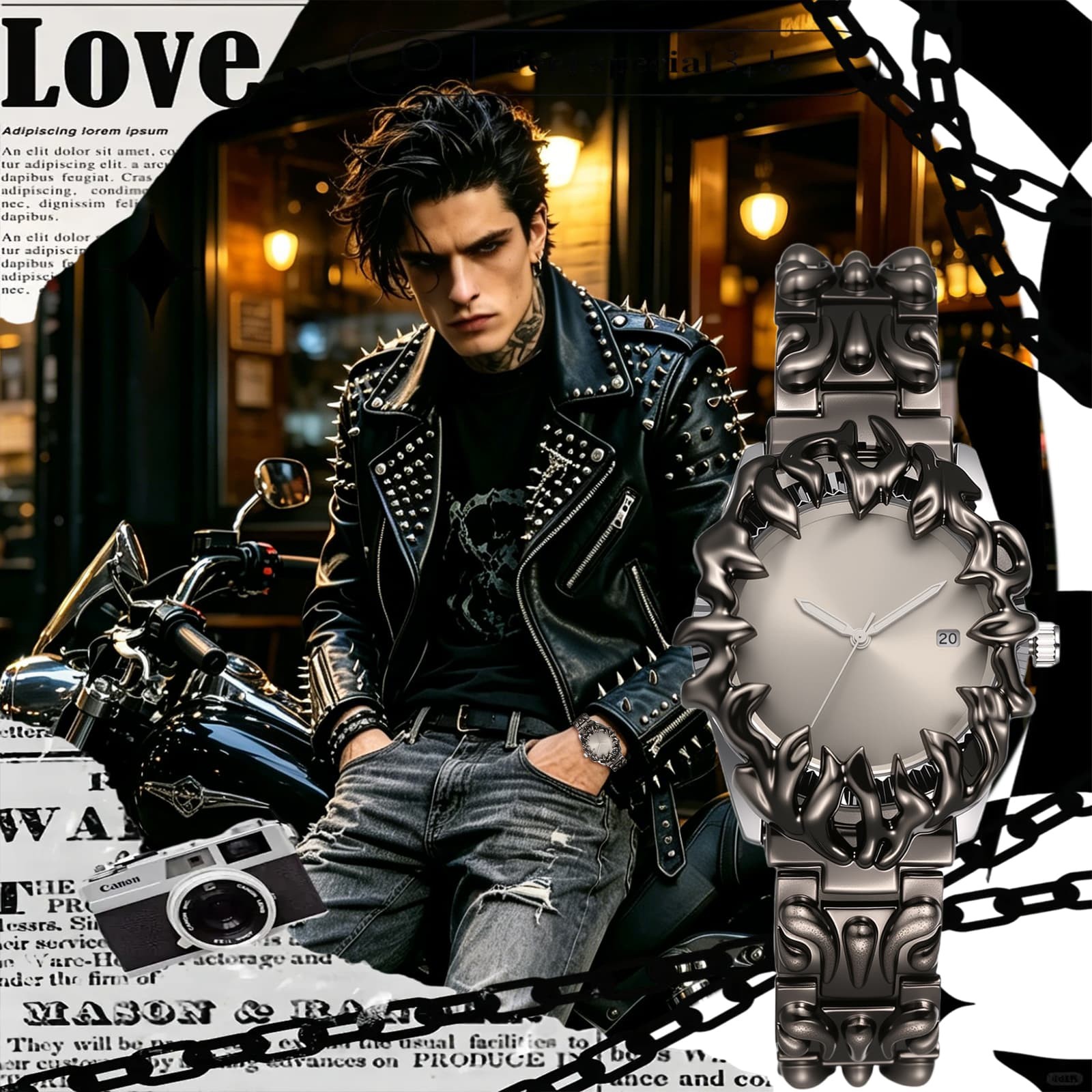 Men Punk Y2K Embossed Flame Adjustale Strap Date Luminous Wrist Watch for Party