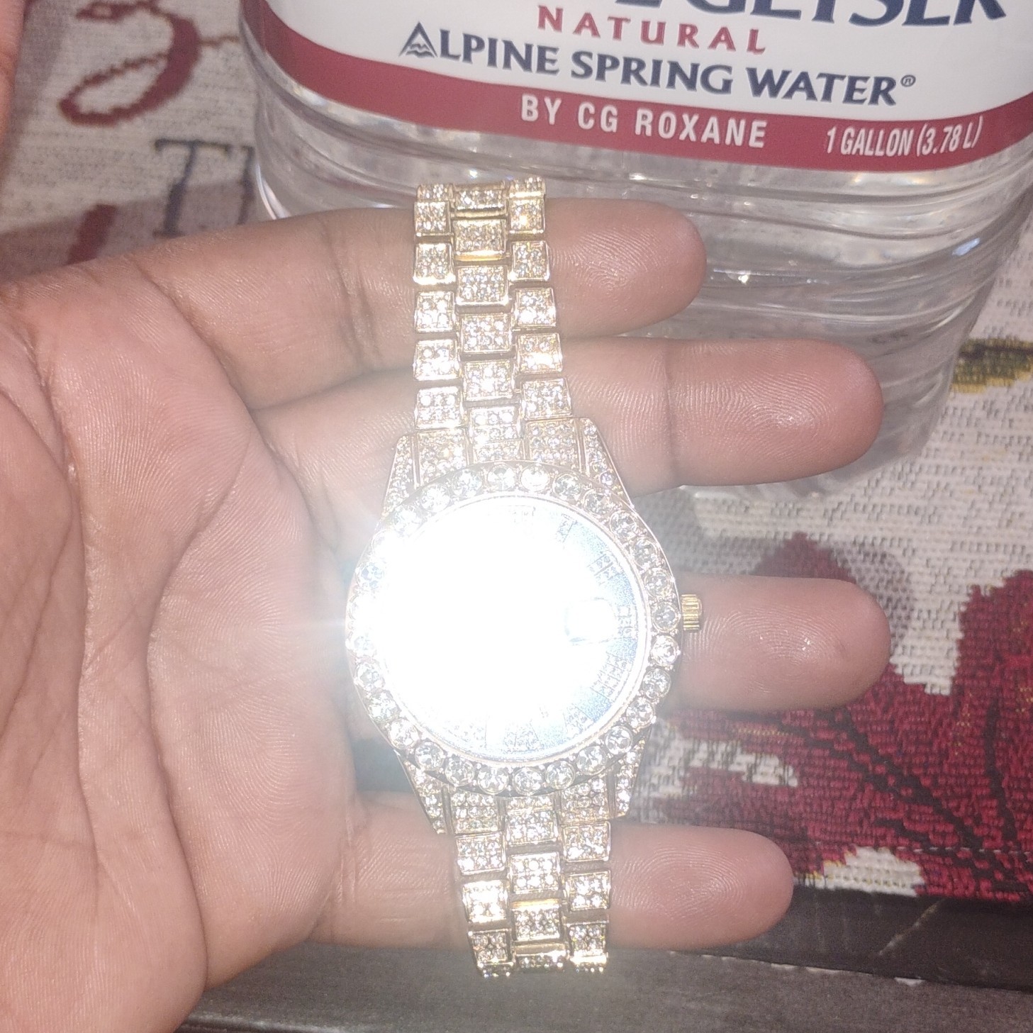 Gold-Tone Diamond Accent Wristwatch Blue Dial Roman Numerals Luxury Metal Band