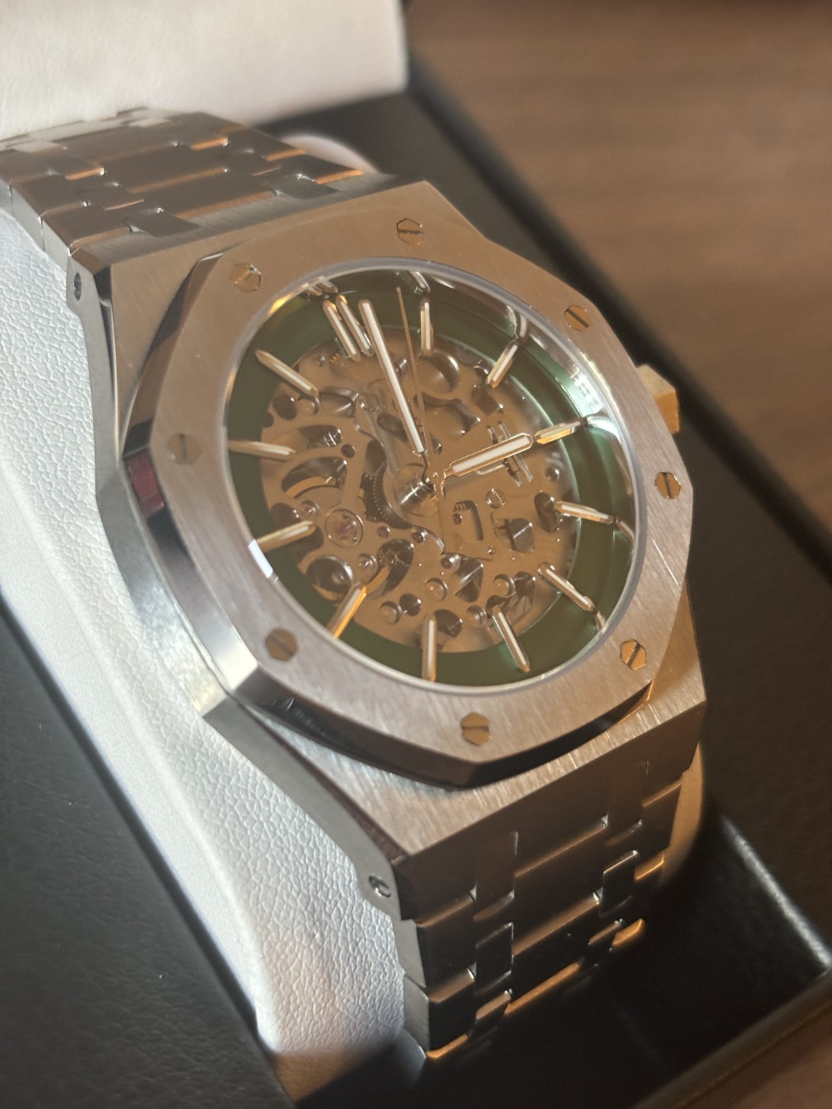 Custom 41mm Brushed “RO” Style open skeleton green dial NH70