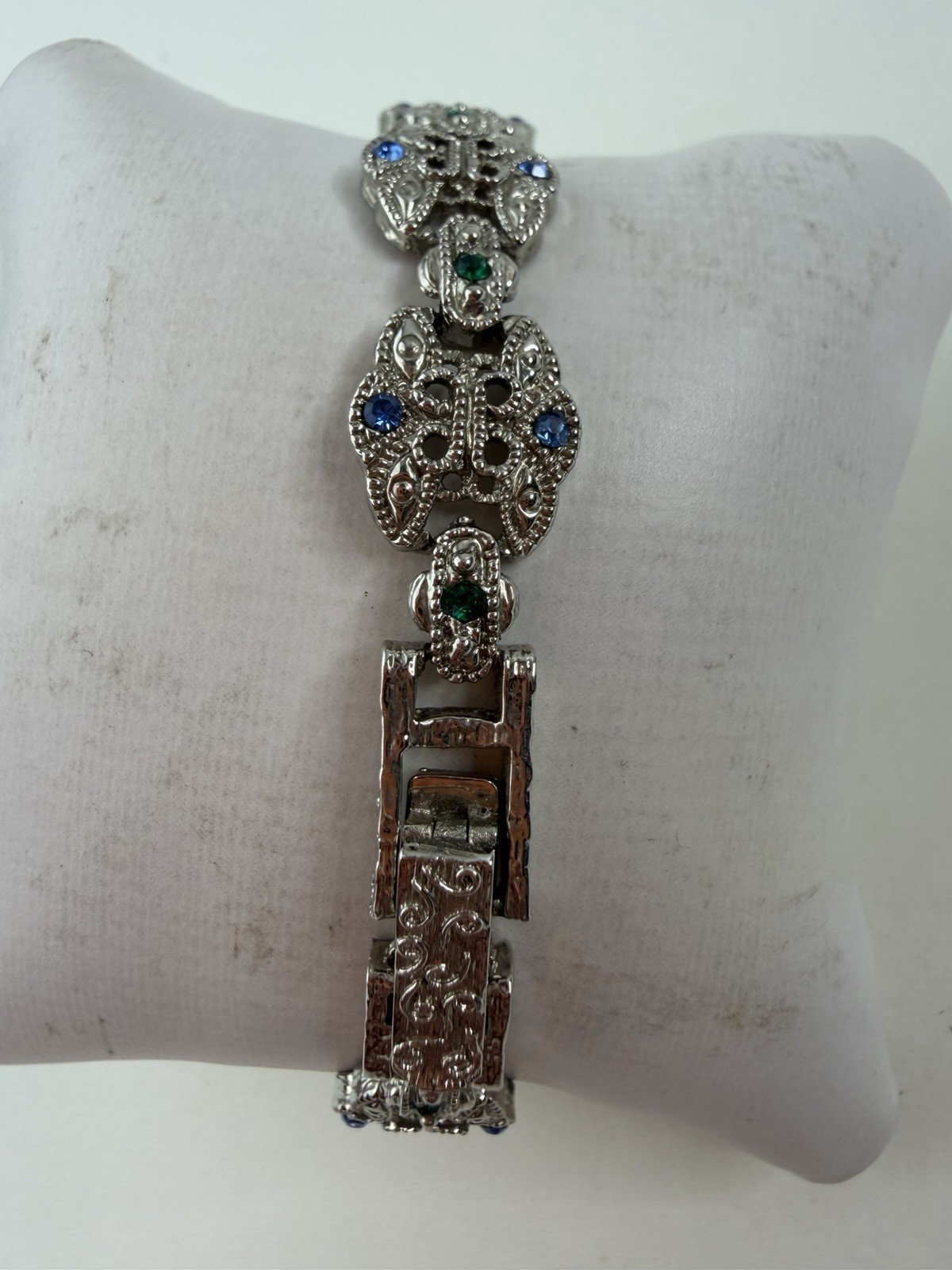 Vintage Judith Ashley Quartz Watch Hinged Cover Ornate Jeweled Bracelet Watch