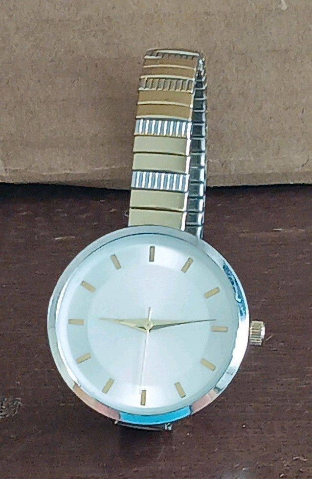 womens Two-Tone Stainless Steel Quartz Bracelet Watch White Dial Stick Indexes