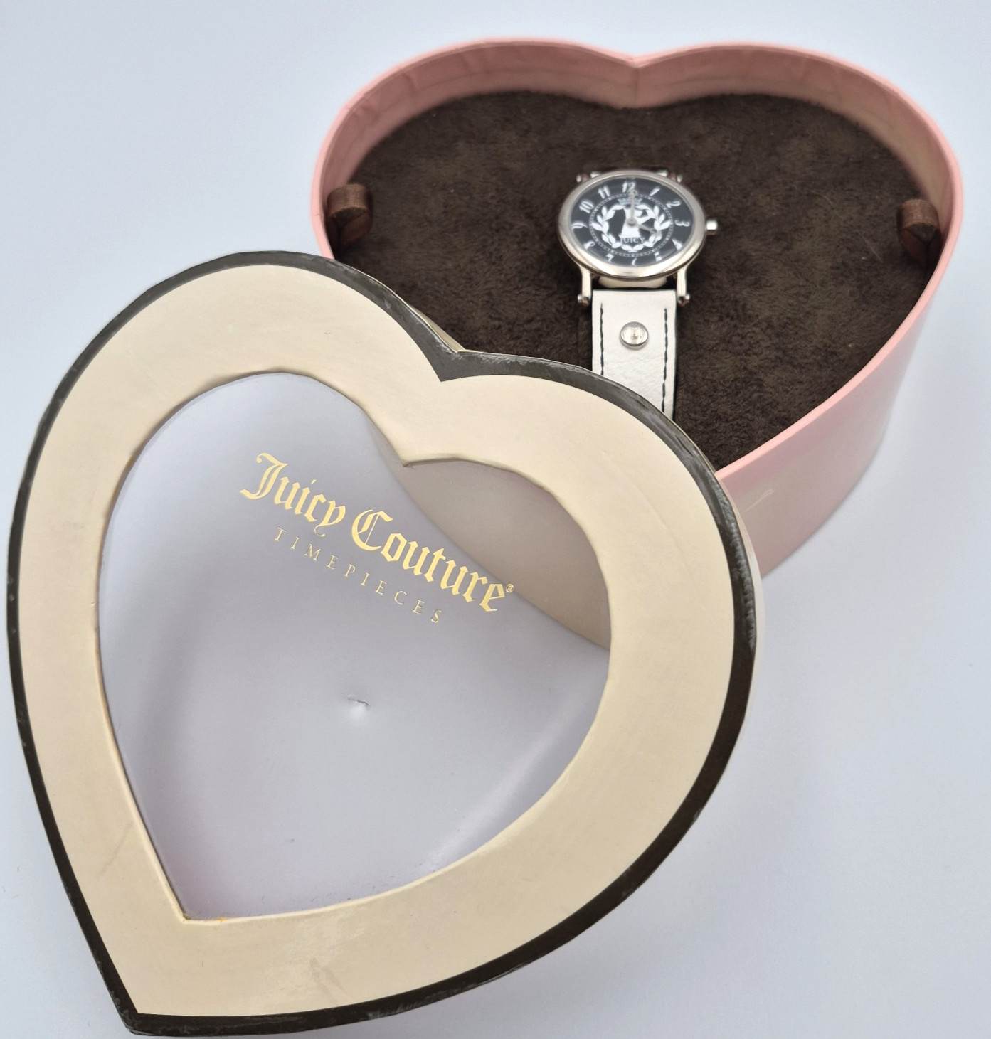 Juicy Couture Women’s White Leather Band With Black Face and Dog Design