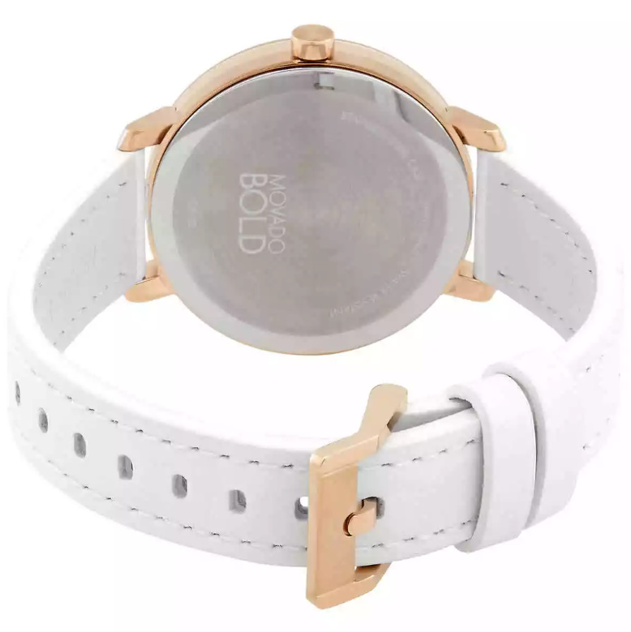 MOVADO BOLD 3600891 EVOLUTION ROSE GOLD DIAL WHITE LEATHER STRAP WOMENS WATCH