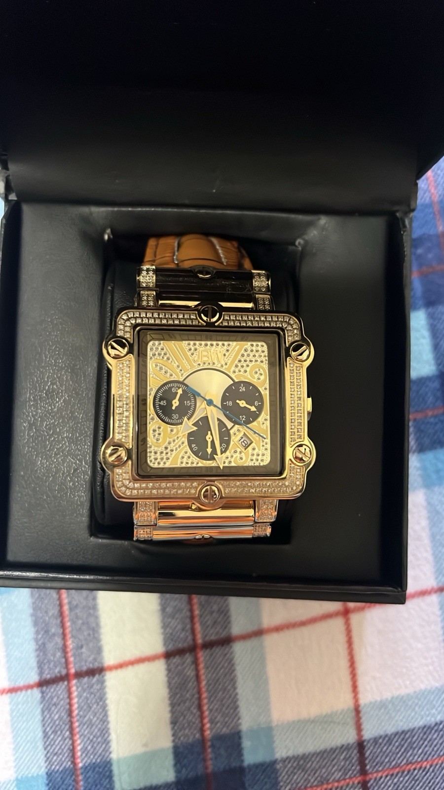 JBW Phantom Men’s Square Gold Tone Quartz Chronograph Date 50m Brown Leather