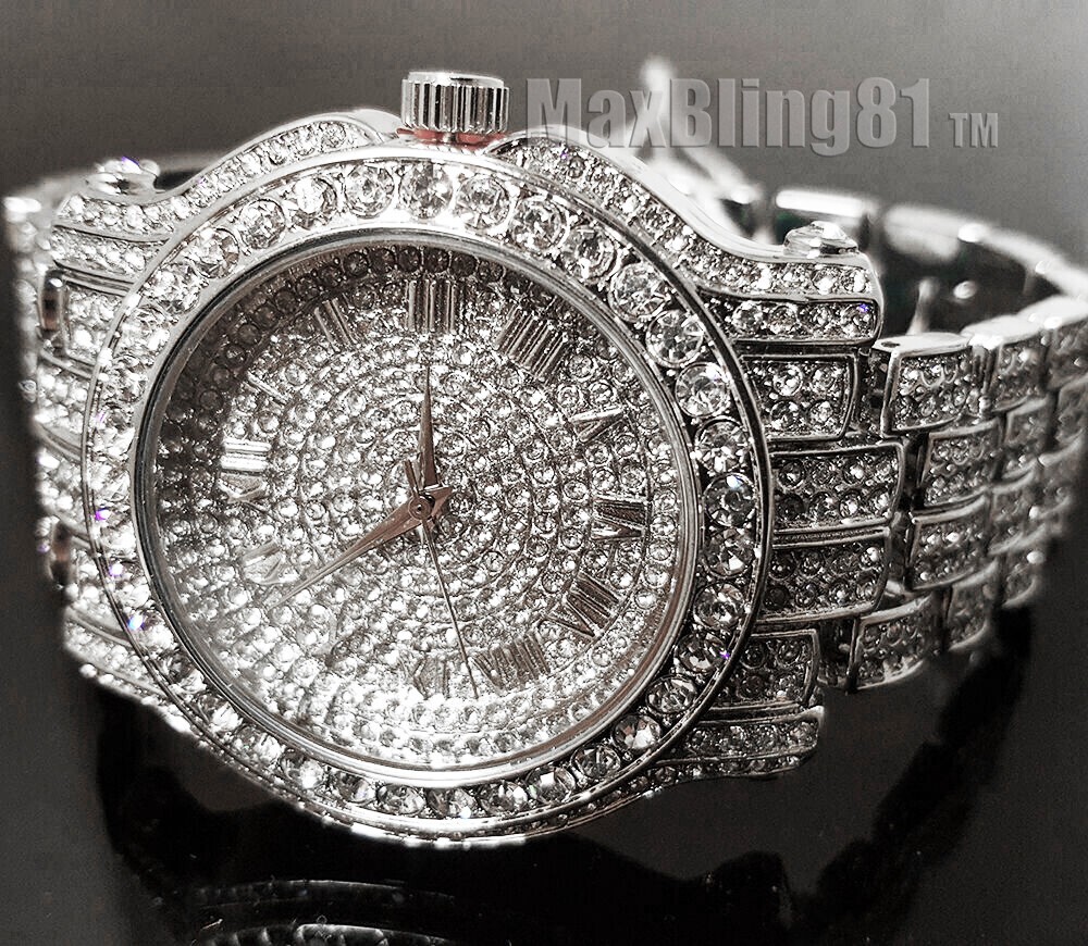 Men Hip Hop Iced Silver Plated Techno Pave Bling Simulated Diamond Rapper Watch