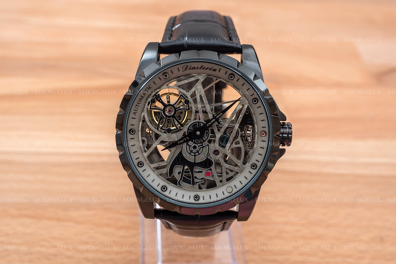 Mens Skeleton Automatic Mechanical Watch – Black Grey Dial Black Leather Strap