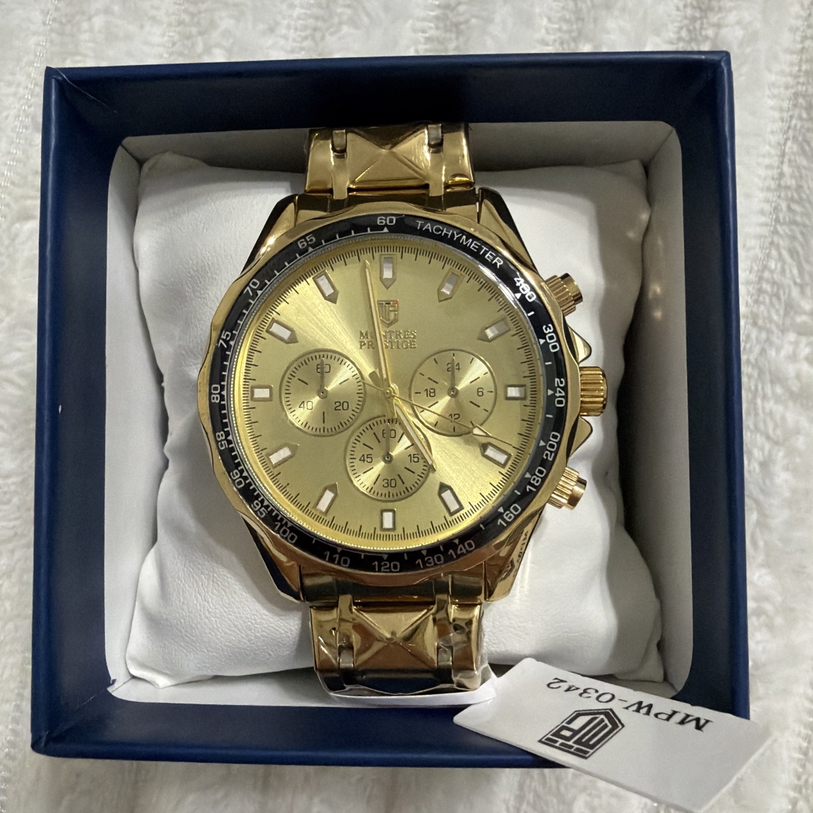 Montres Prestige MPW0342 44mm Gold Tone Quartz Flame Fusion Men’s Watch NEW