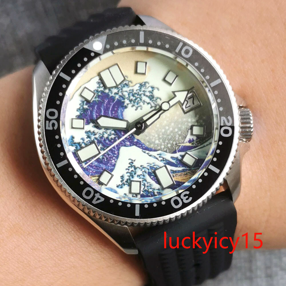 Tandorio 37MM Wave Dial Japan 3.8 NH35A Automatic Mens Wristwatch Green Luminous