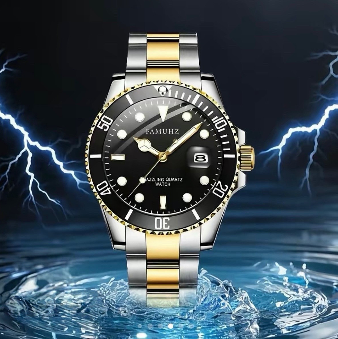 FAMUHZ Dazzling Quartz Men’s Wristwatch Date Two-Tone SS Bracelet Black Dial