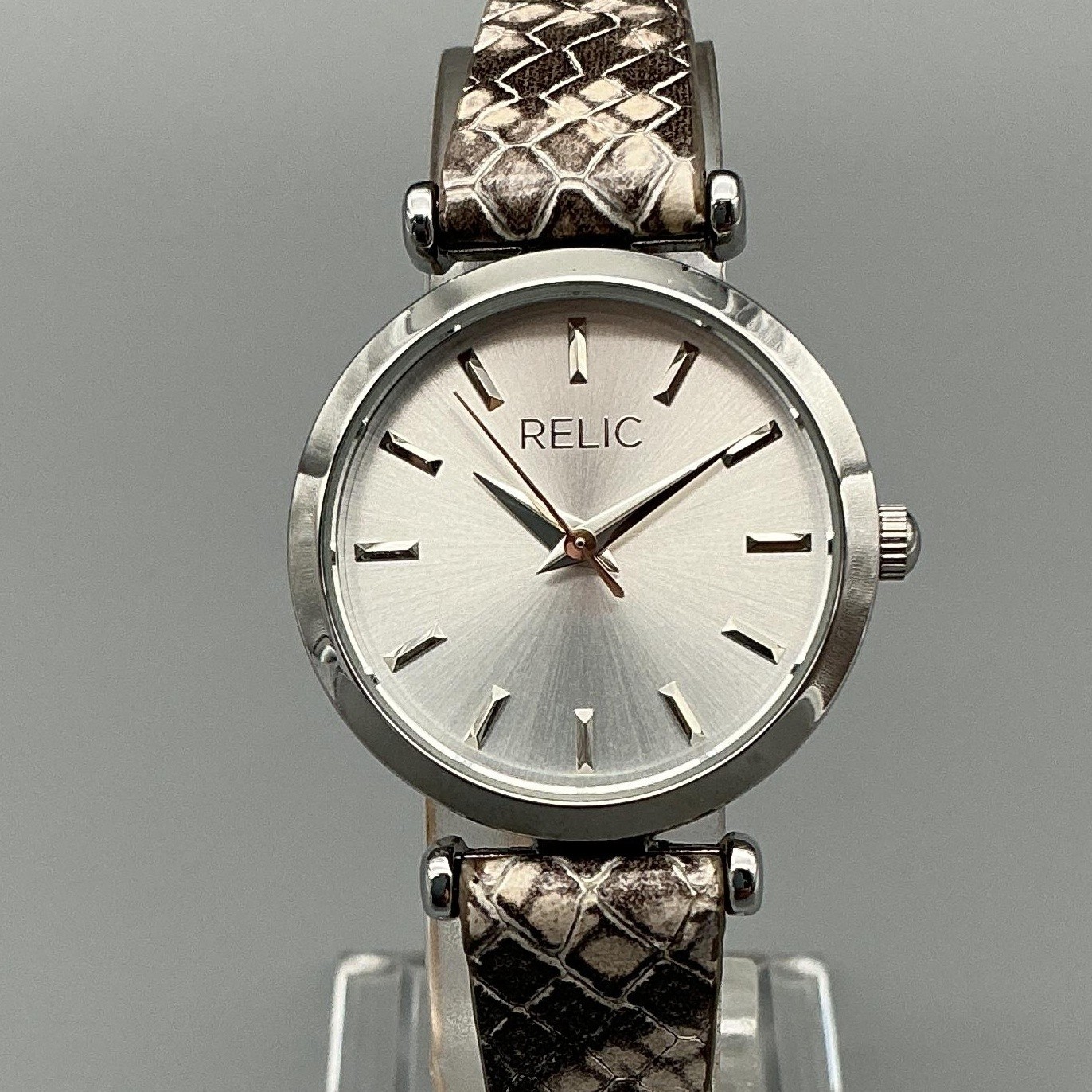 Relic Womens Watch 27mm Silver Dial Snake Print Leather ZR34580 New Battery