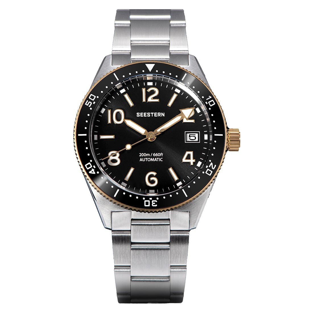 Seestern S434 Automatico Argento Nero Oro Data Maglia Zaffiro Orologio Uomo