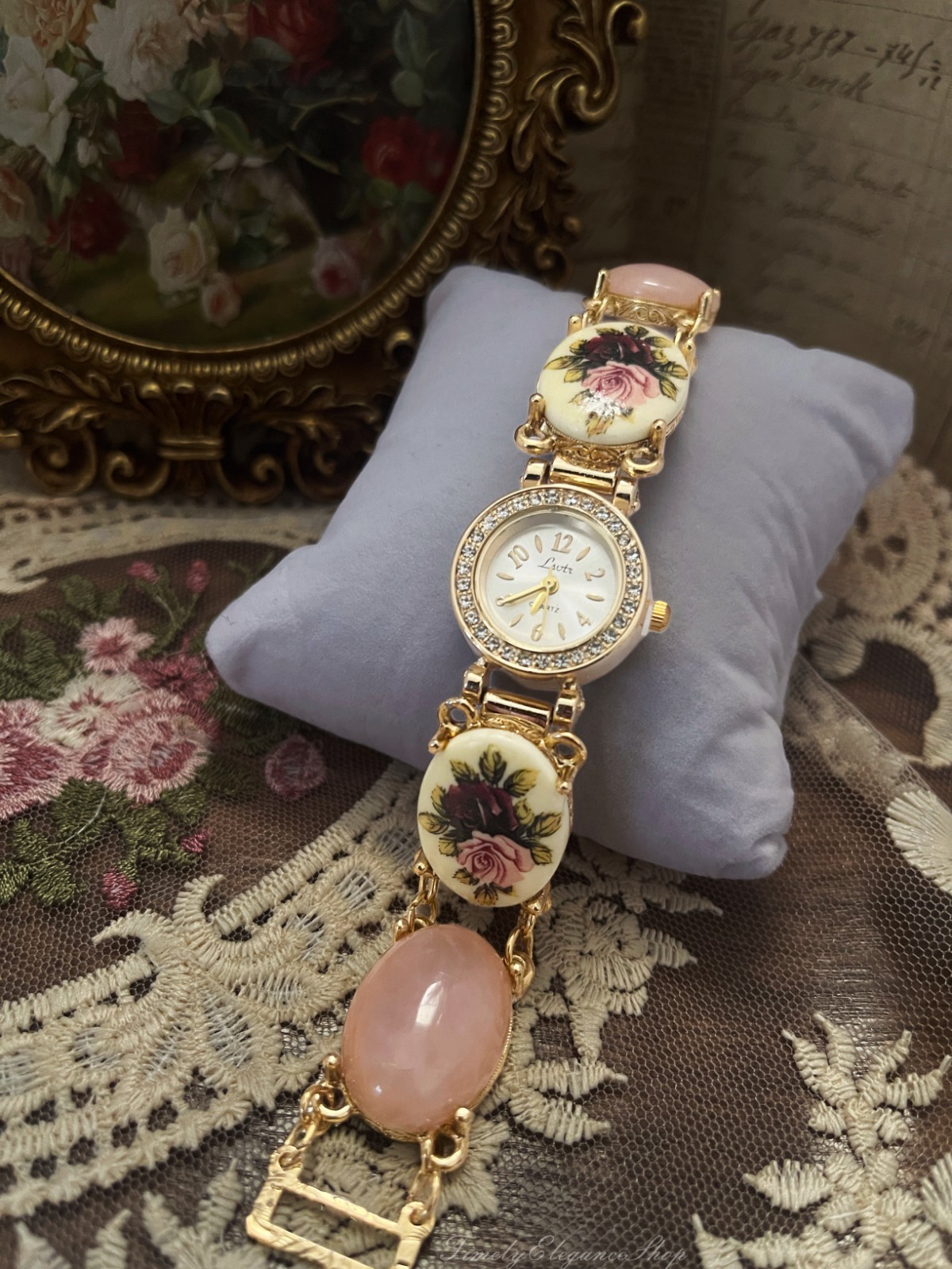 Vintage Rose Quartz Floral Bracelet Watch | Handmade Repurposed Gold Tone Unique