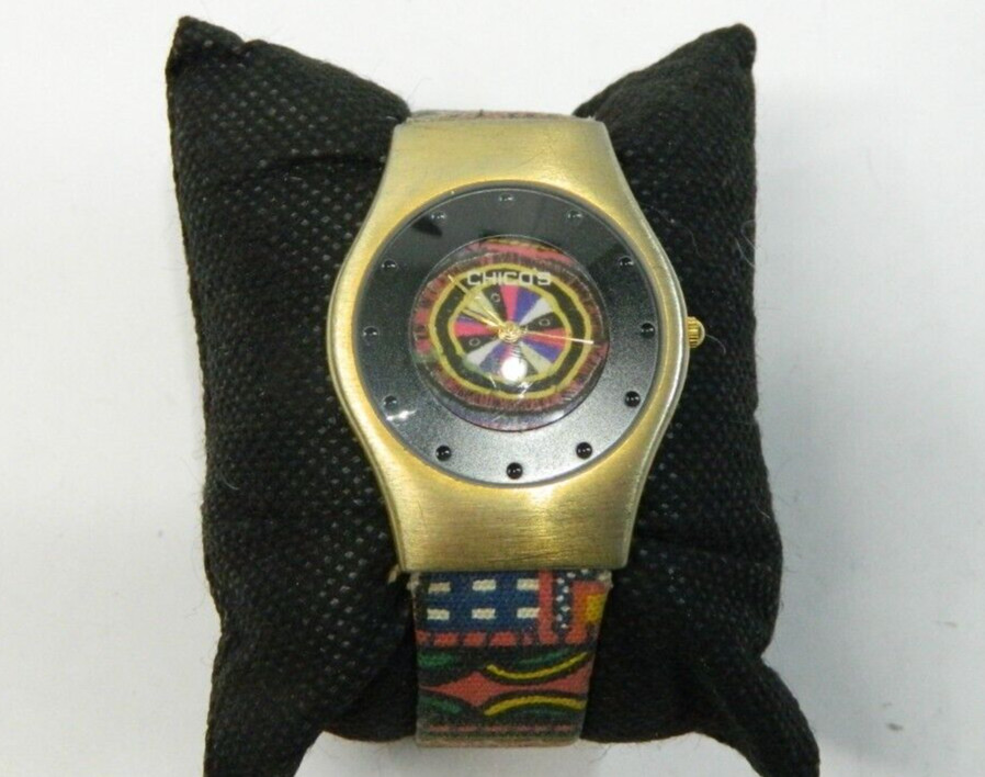 CHICO’S FUNKY Psychedelic brushed gold tone lady’s watch/wristwatch