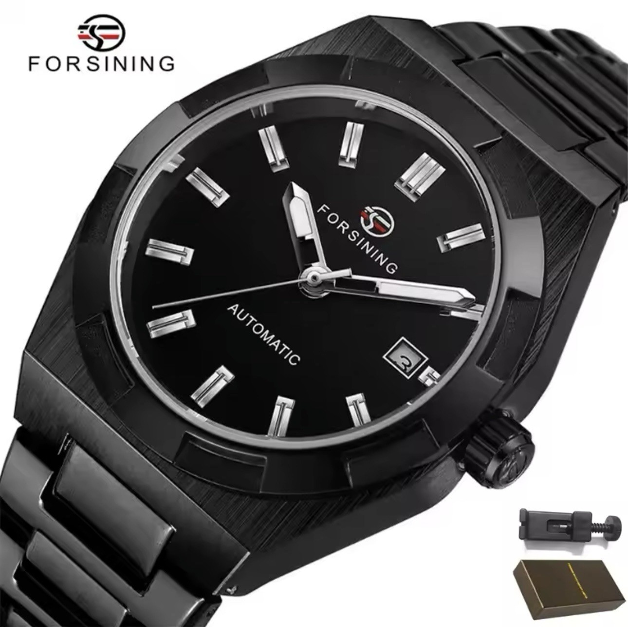 Forsining Black Automatic Watch 41mm Expedition Caseback 3bar Stainless Steel