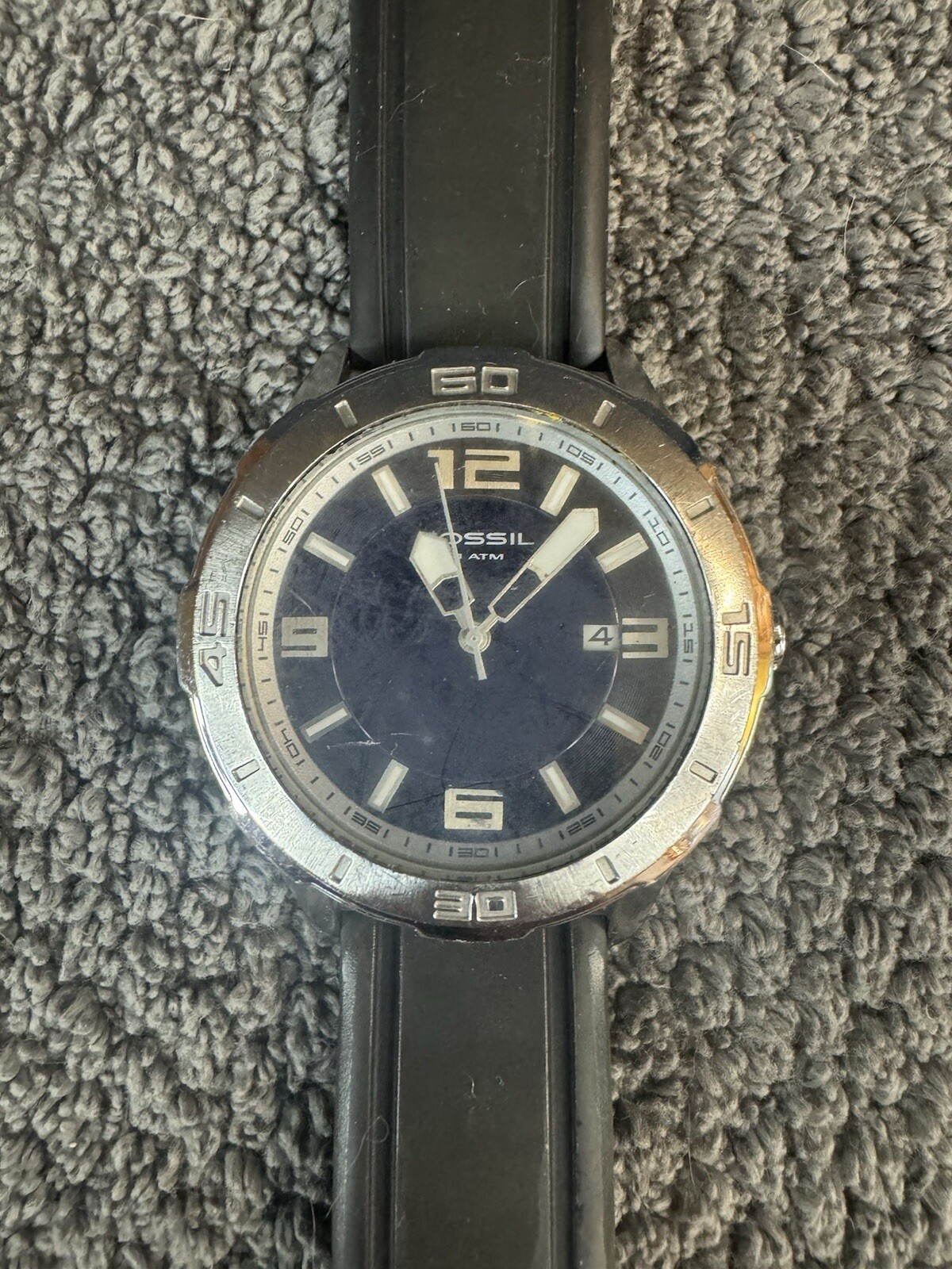 Fossil 10 atm Men’s watch AM4161 100m silver case blue dial black fossil band