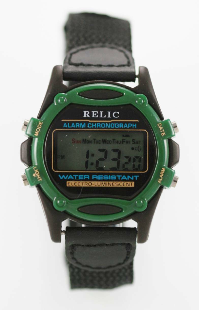 Relic Watch Mens Chrono 24hr Date Alarm Light Brown Green Black Nylon Quartz
