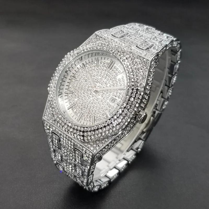 Luxury Hip Hop Ice out Men’s Watch Iced King Bling Waterproof Cz Diamond Silver