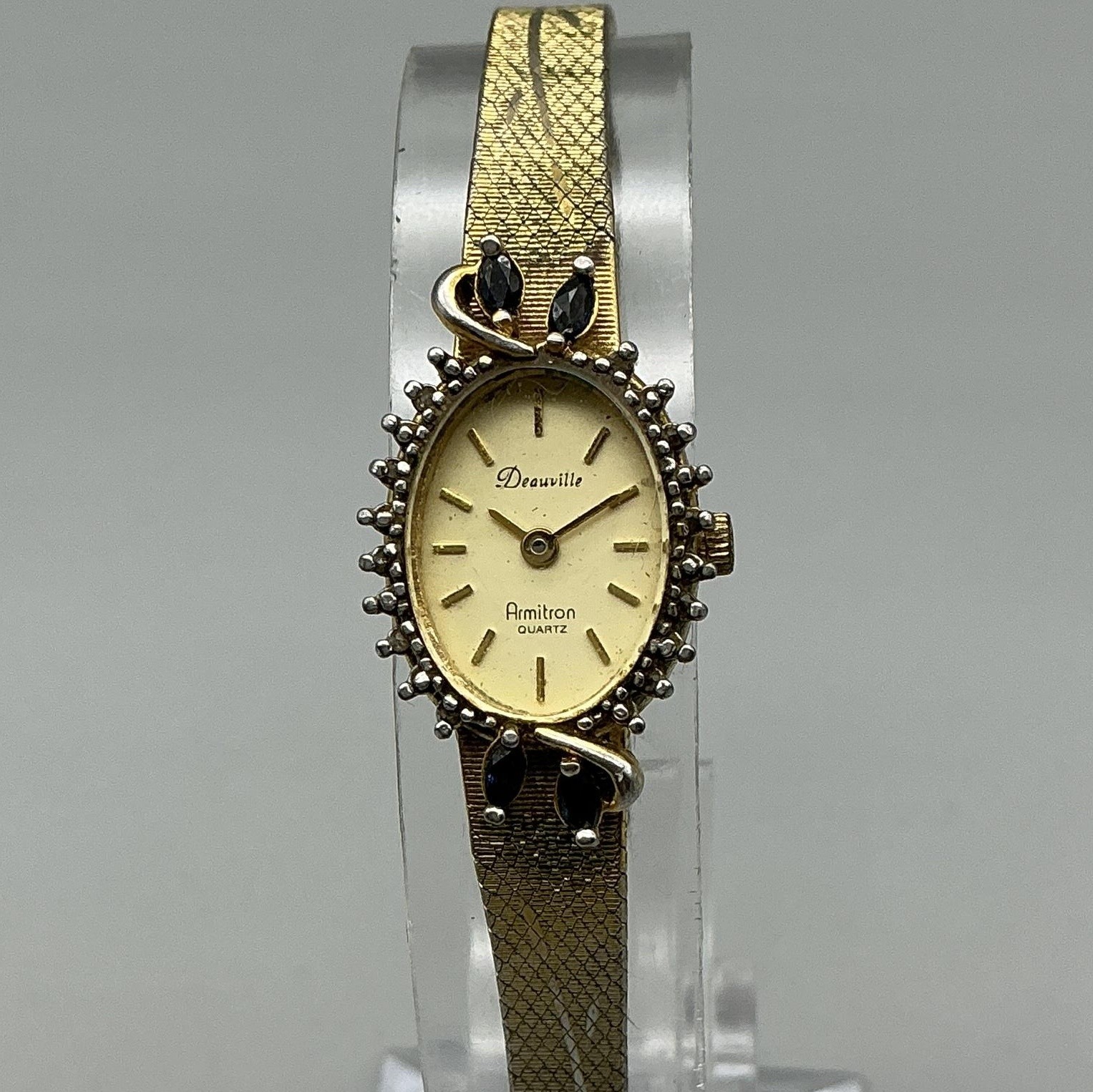 Vintage Armitron Deauville Sapphire Womens Watch 16mm Diamond Gold Tone 7.5″