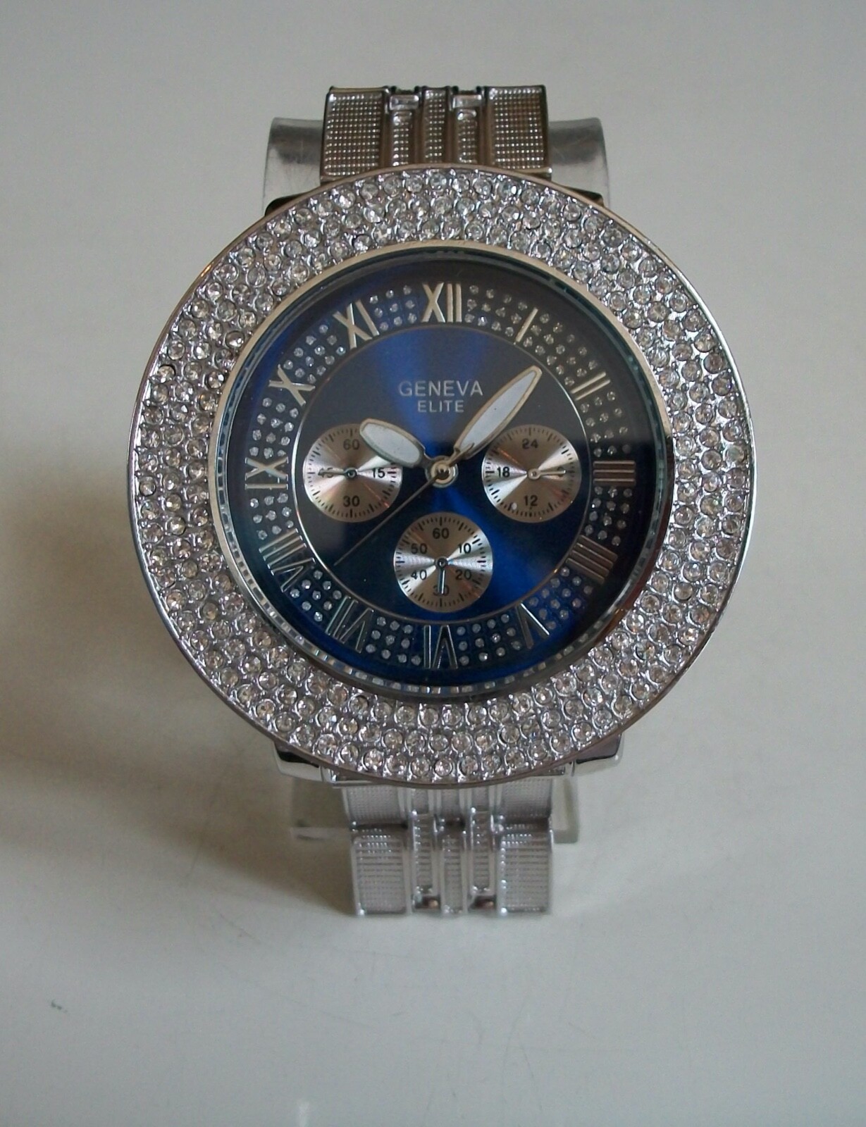 Men’s Silver Finish Blue Dial Clear Bling Fashion Dressy Party Watch