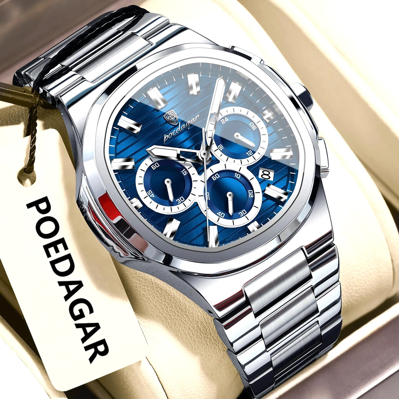45MM POEDAGAR Men’s Quartz Luxury Watch 30M Waterproof Stainless Luminous NEW