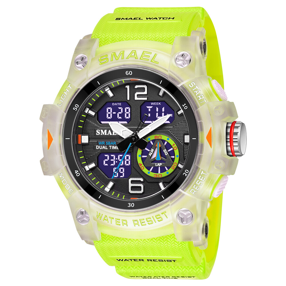 SMAEL Men Sport Watch Dual Display Wristwatch Transparent white Strap Stopwatch