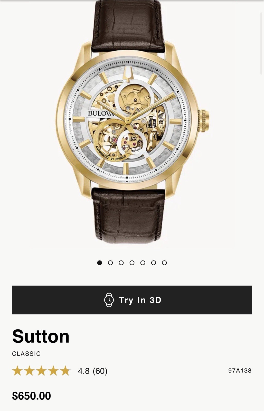 Bulova Men’s Classic Sutton Automatic Skeleton Brown Leather Watch 97A138