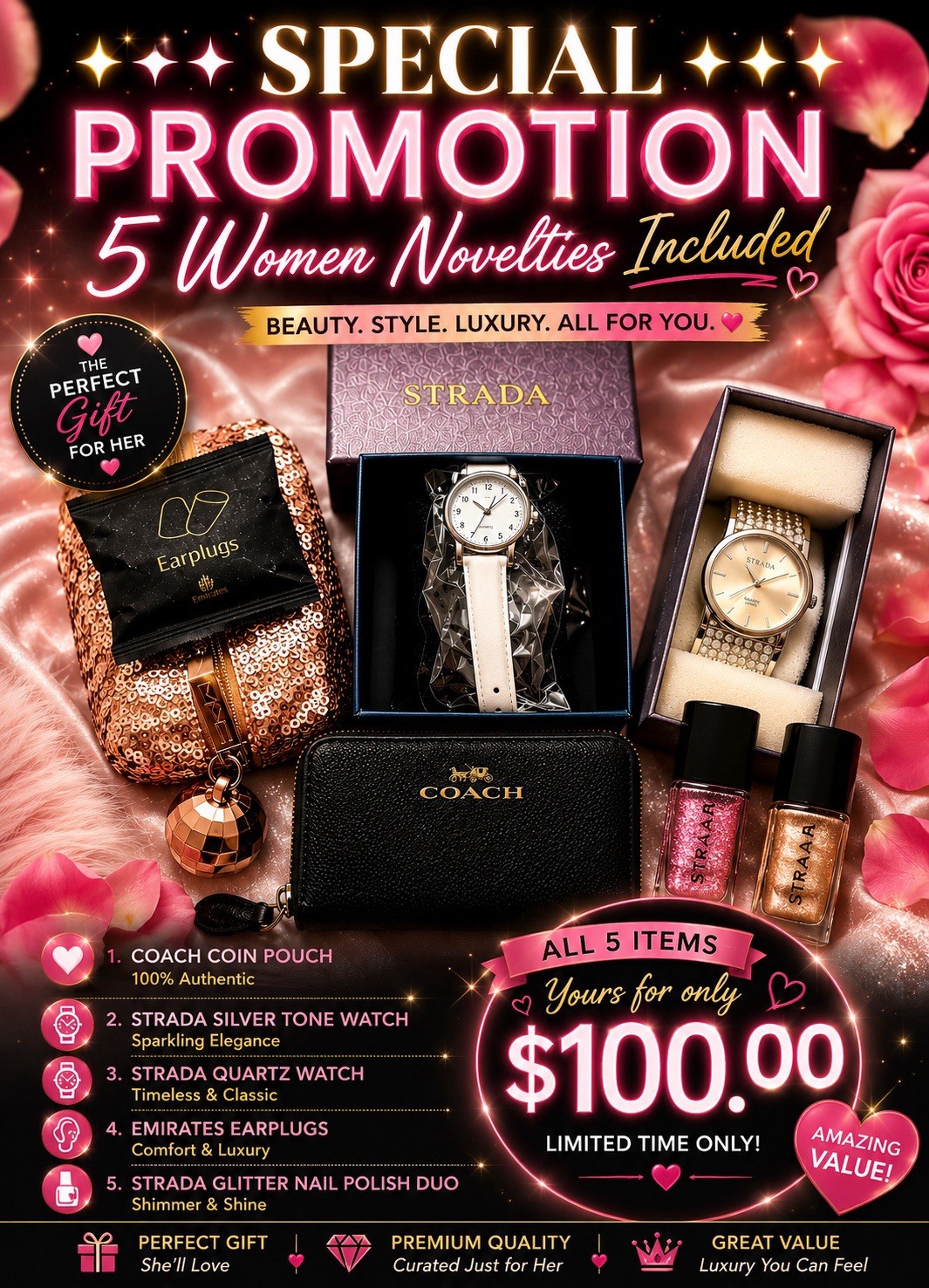 COACH • 2 STRADA Cuff Watch’s• •EMIRATES TRAVEL AIRPLUGS• MAC MAKE-UP Bag w/2 💄