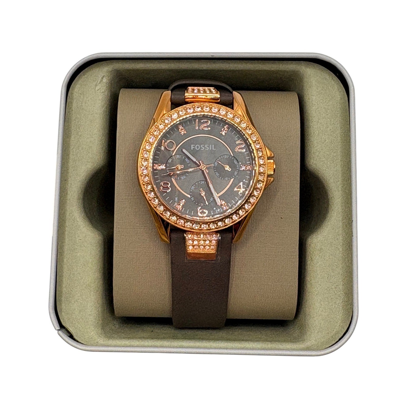 Fossil Riley Multifunction Watch Womens Brown Rose Gold Crystal Glitz ES3888