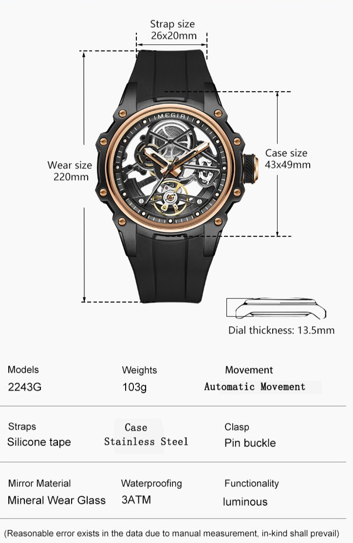 MEGIR Skeleton Automatic Mechanical Men’s Sports Watch 3ATM Luminous Silicone