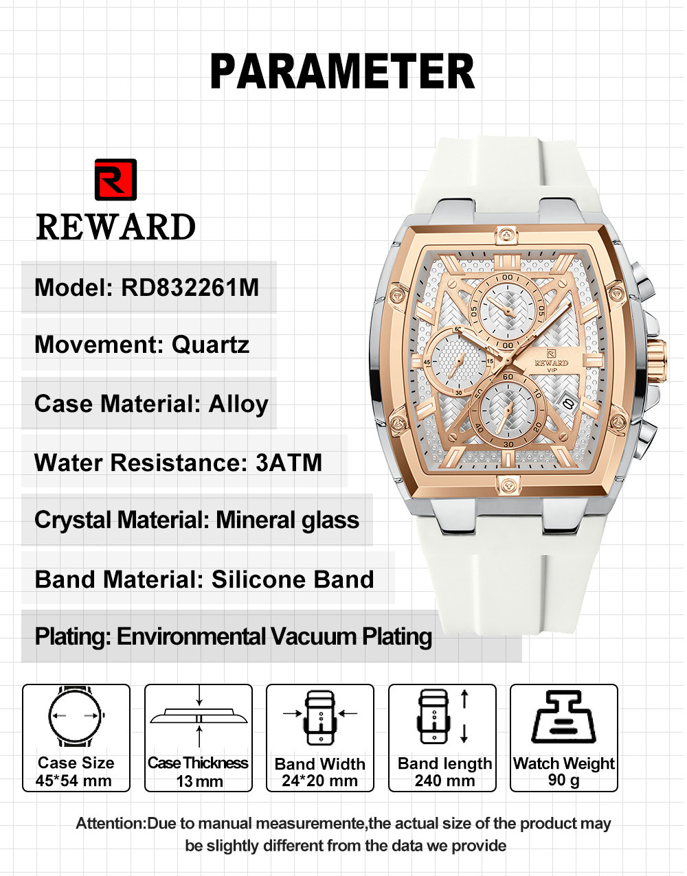 REWARD Men’s Tonneau Multifunction Chronograph Luminous Calendar Quartz Watch
