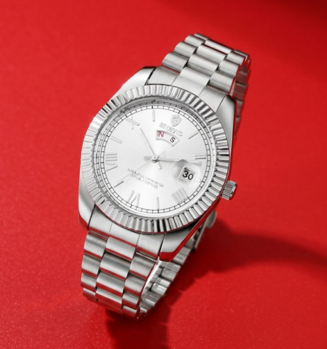 Men Beveled White Dial Business Watch Stainless Steel Quartz Luminous Wristwatch