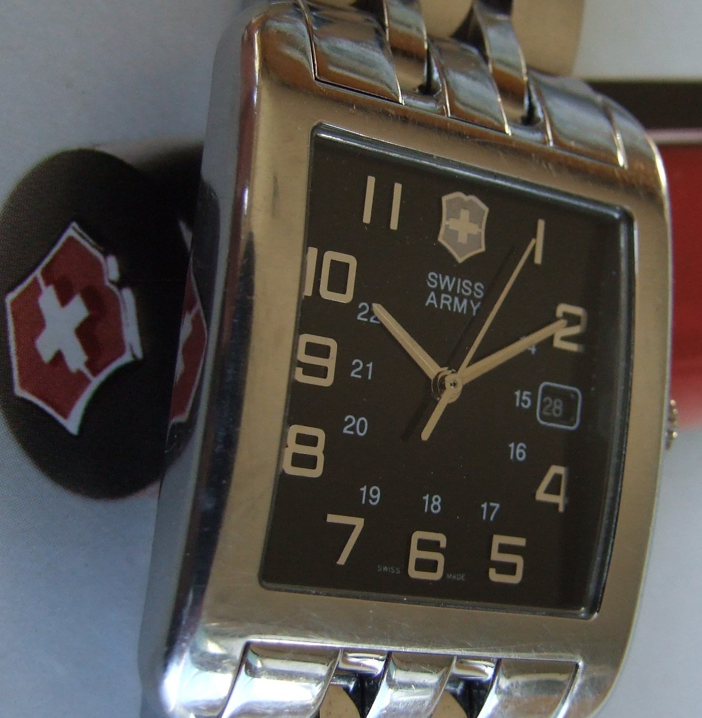 SWISS ARMY VictorINOX+Men POLISHED Rare ALLIANCE RECTANGLE+Black Dl+OEM Bracelet