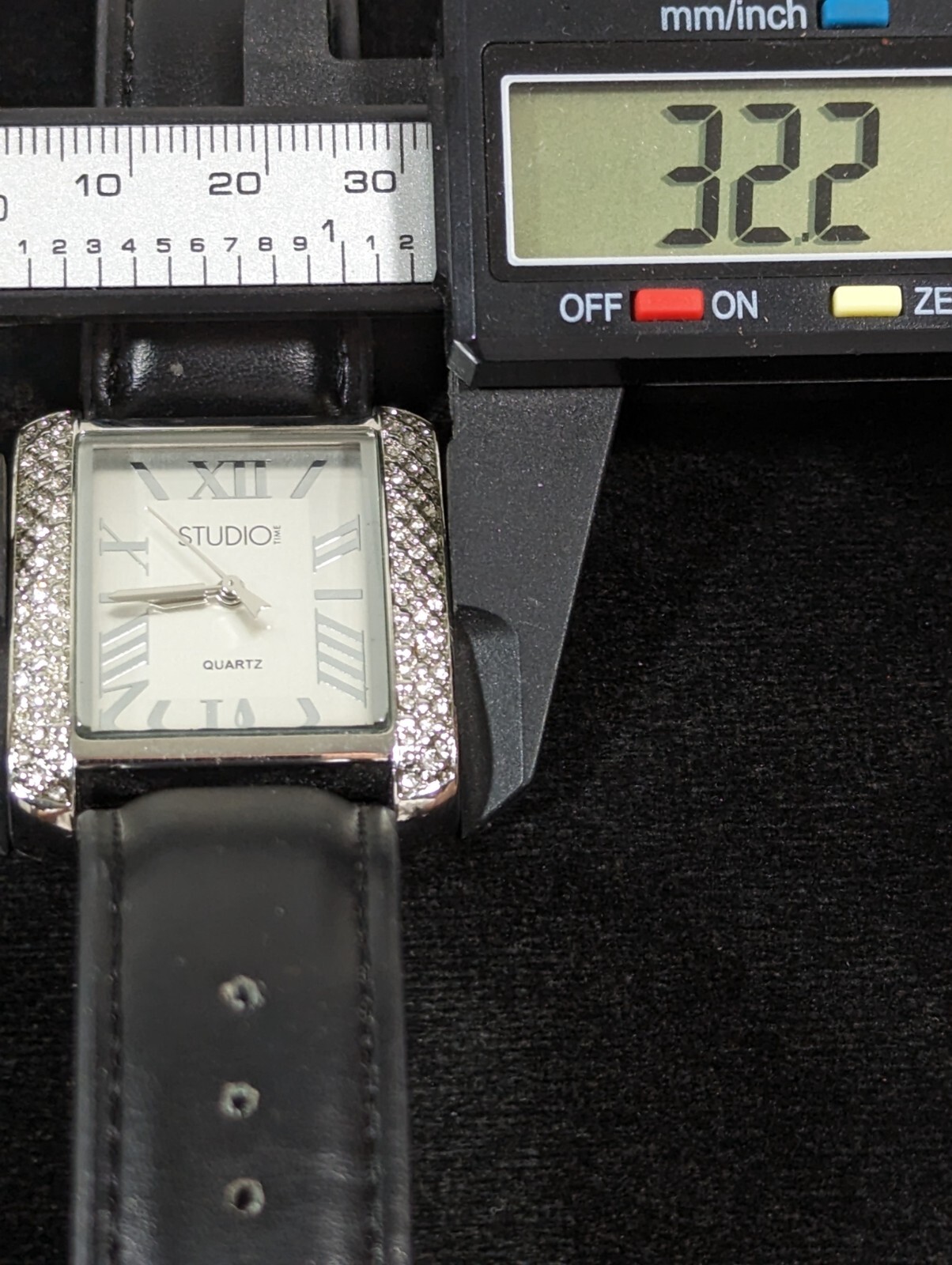 Studio Silver Tone Dial Crystal Accent Rectangle Case Black Band Watch 7.5 In