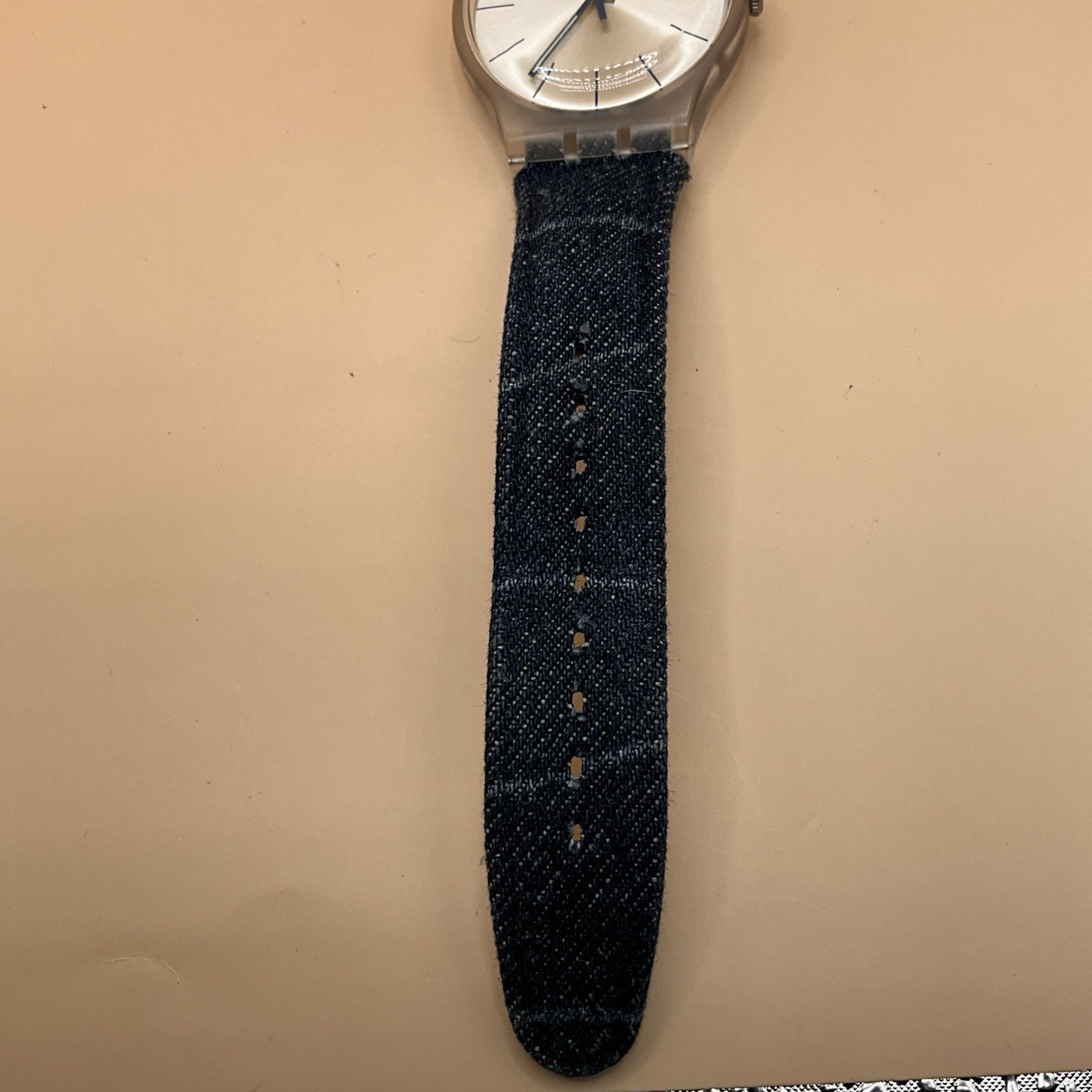 Swatch AG-2012 Clear Case Silver Dial with Denim/Leather Band – New Battery