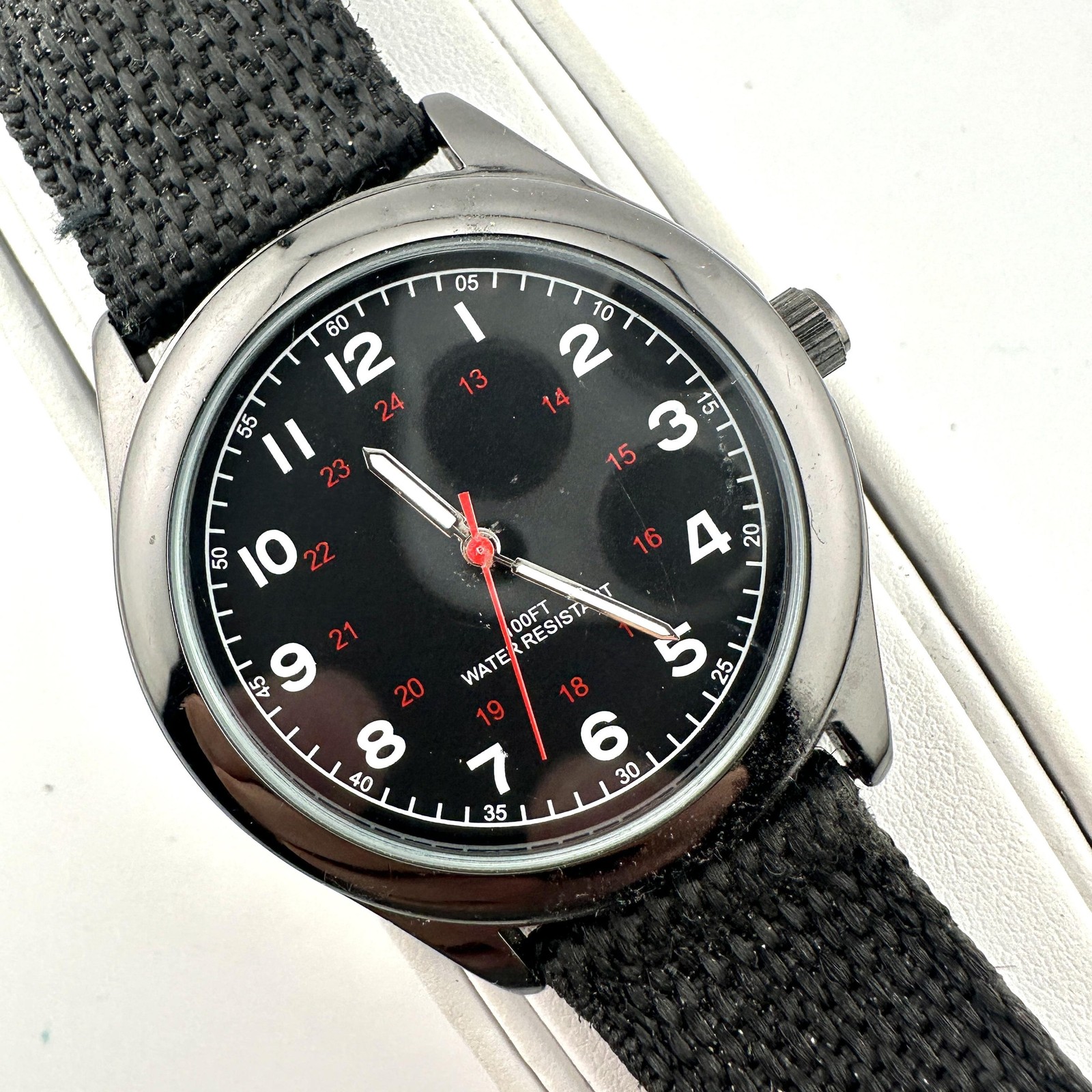FMD Watch Mens Black Dial Nylon Strap 100ft Water Resistant – New Battery