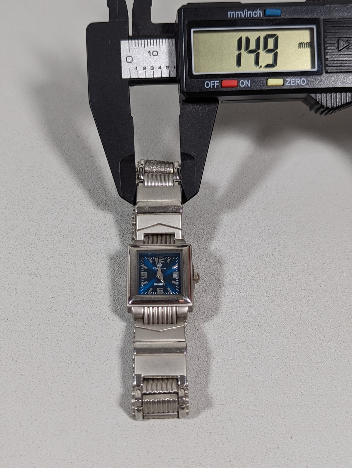 Womans Classique Blue Dial Rectangle Silver Tone Case Stainless Band Watch 7.5in