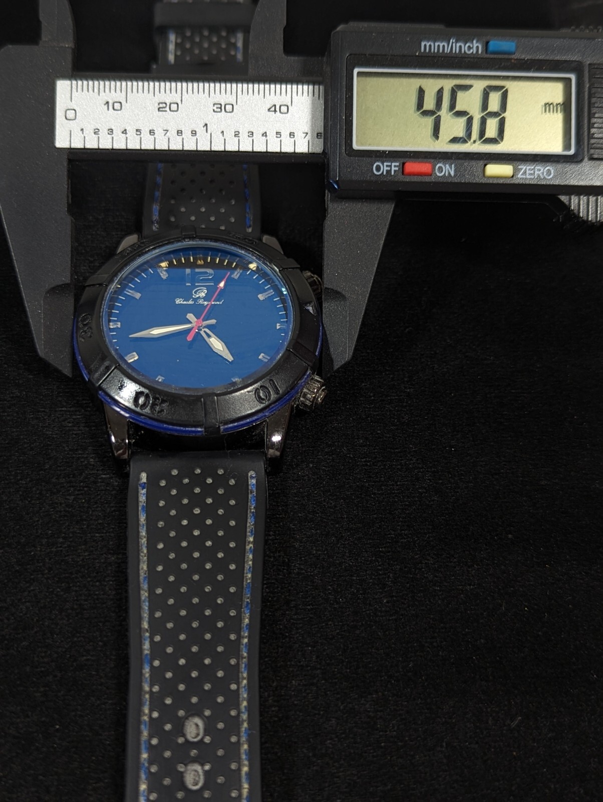Charles Raymond Blue Dial Rotating Bezel Black Case Silicone Band Watch 8.5 In