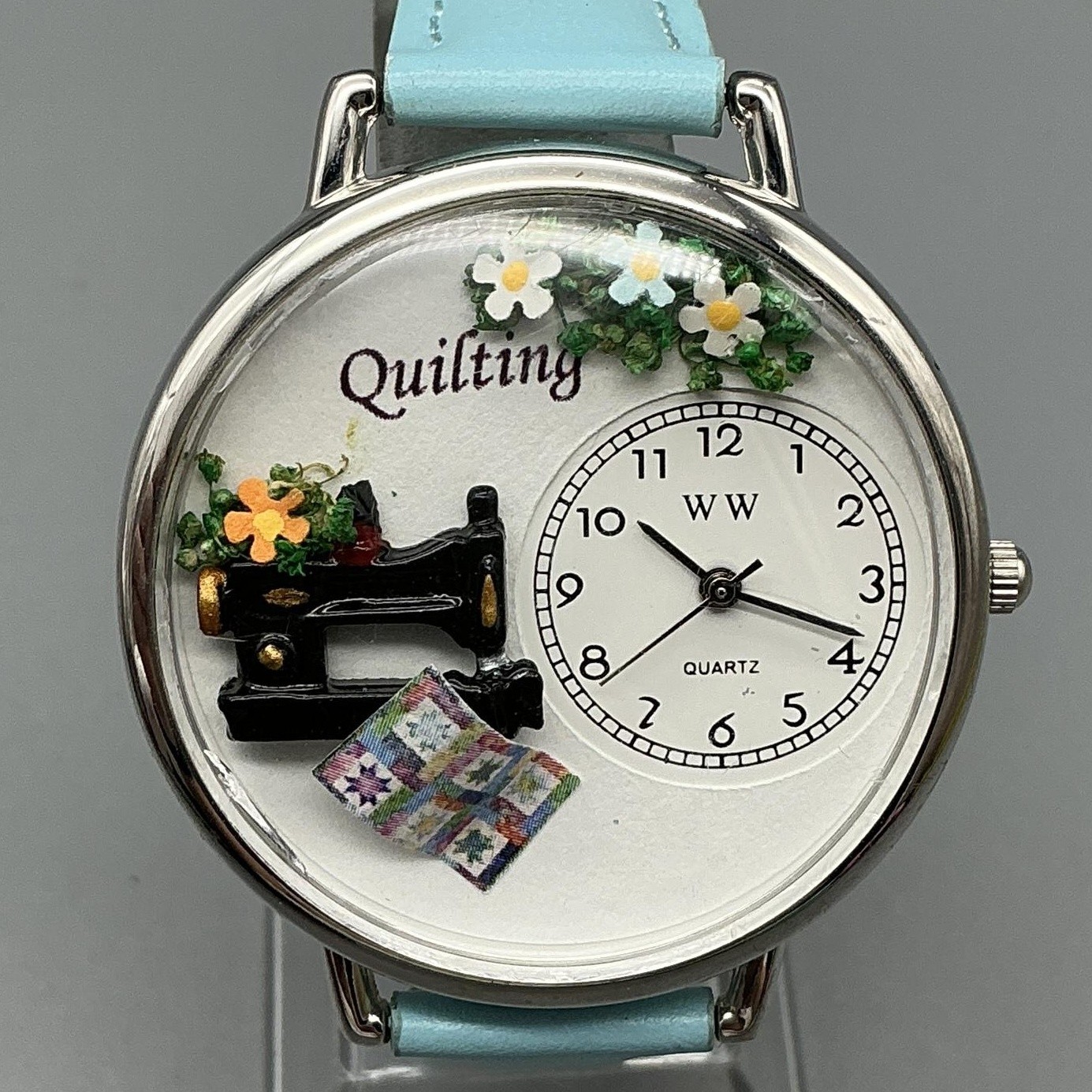 Whimsical Gifts Womens Watch 41mm Quilting Sewing Dial Blue Leather New Battery