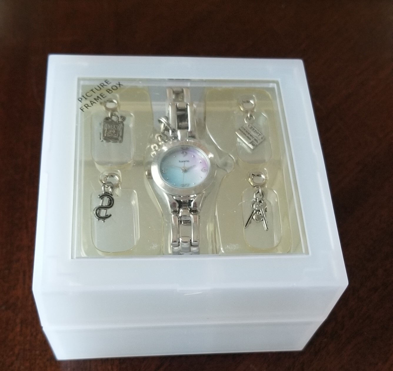 Unbranded Silver Tone Charm Watch Multi-color MOP Link Band 6.5″ Max New Battery