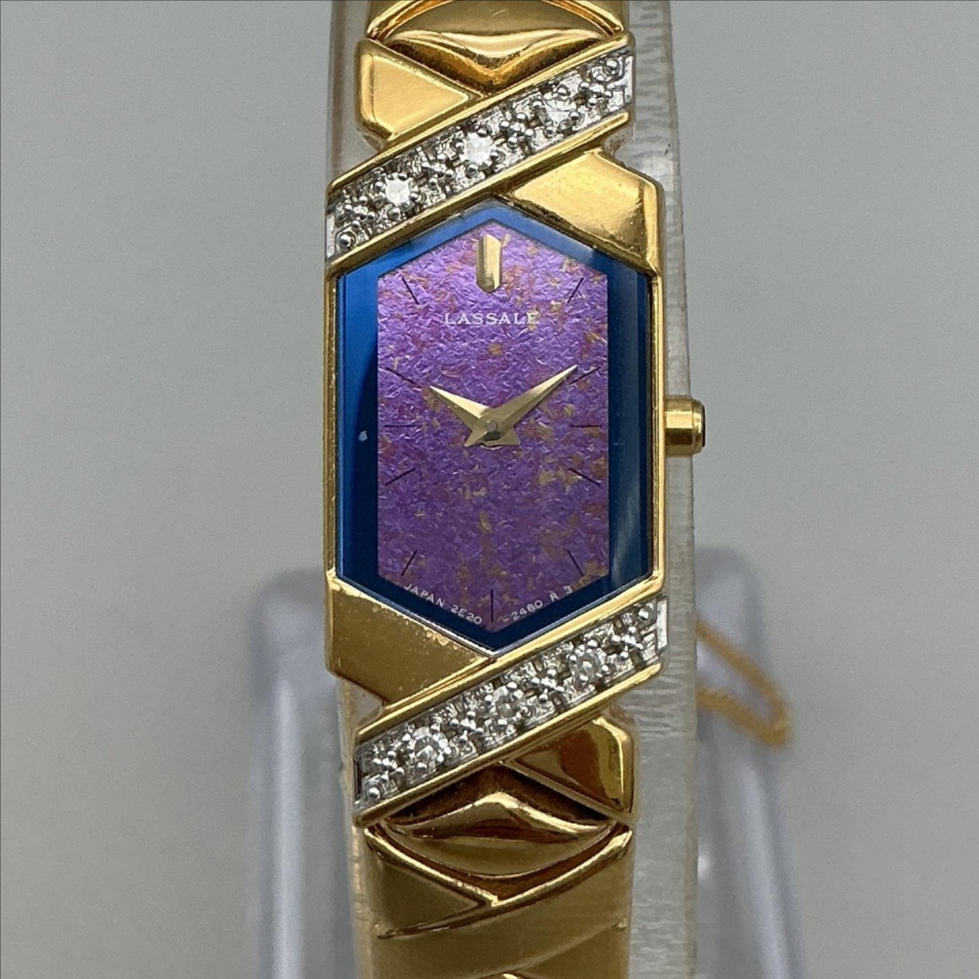 Vintage Lassale Womens Watch 13mm Purple Dial Gold Tone Diamond New Battery 6.5″