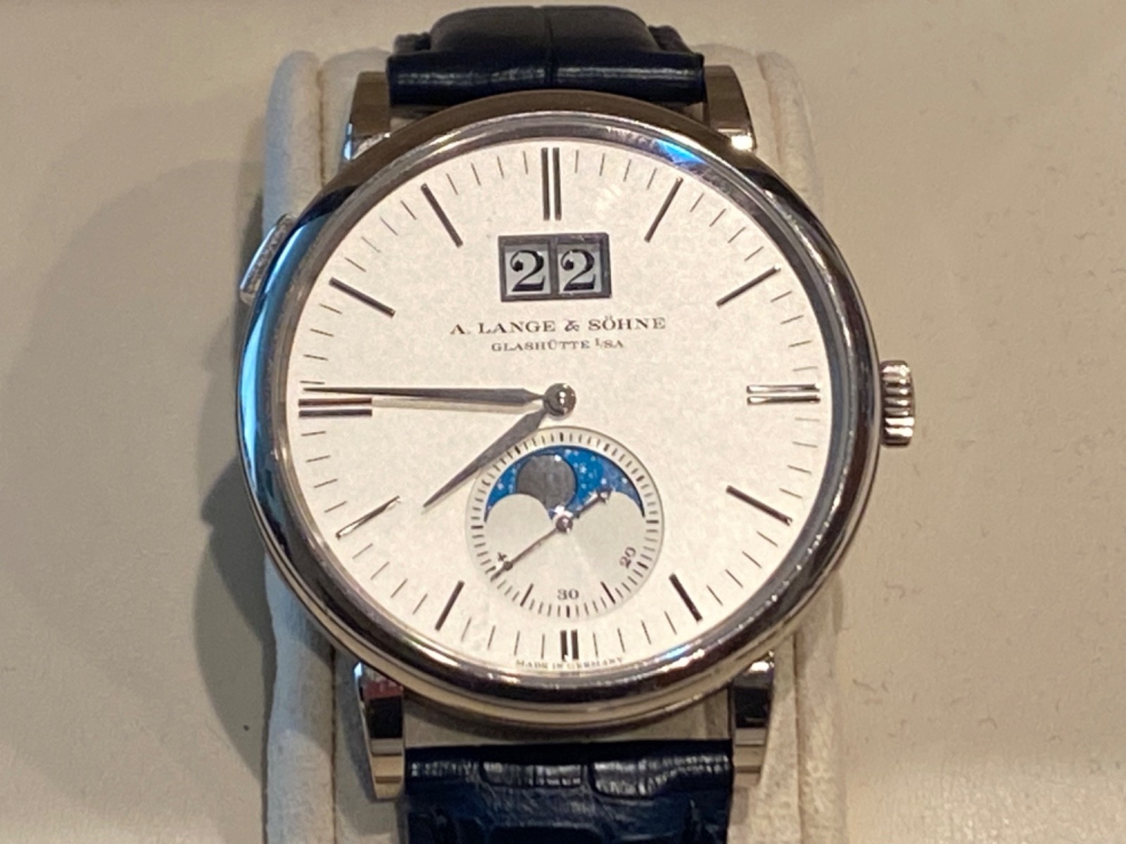 A LANGE & SOHNE SAXONIA MOONPHASE WHITE GOLD BOX/PAPERS 384.026 $40K NEW RETAIL