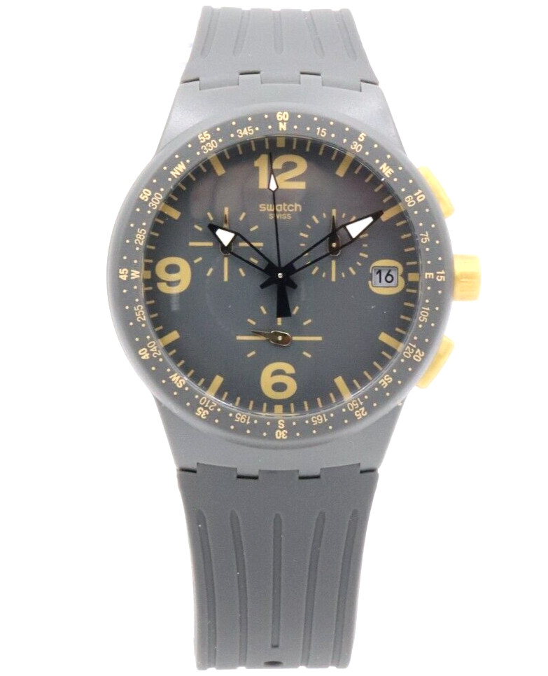 New Swiss Swatch IRONY GRODON Gray Silicone Chrono Date Watch 42mm SUSA401 $130