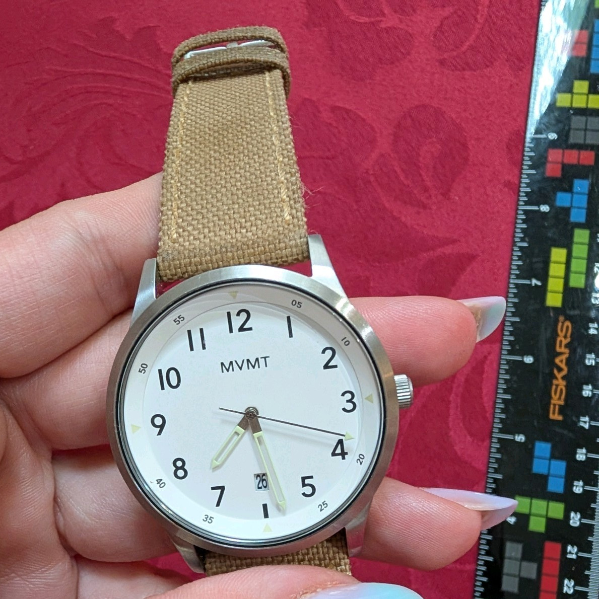 MVMT Quartz Analog Watch 42mm White Dial Date Untested Tan Canvas Strap