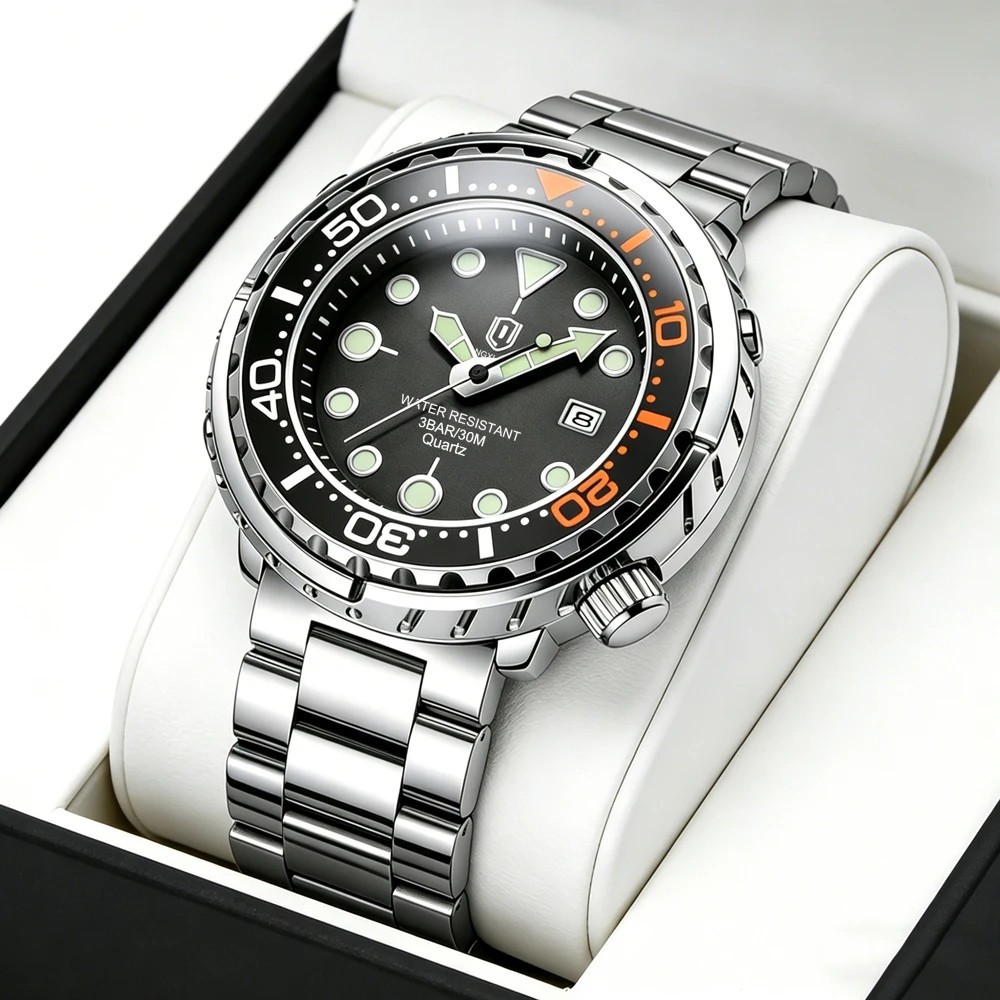 Best New QINGXIYA Tuna Quartz Mens Watch Stainless Steel 30M Waterproof Luminous