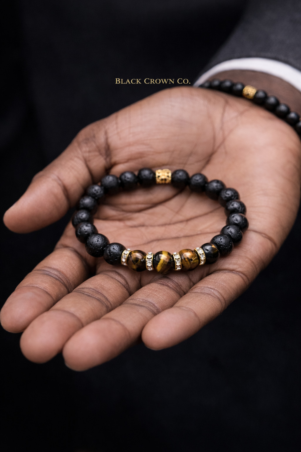 Men’s Luxury Tiger Eye & Lava Stone Bracelet Gold Spacers Natural Stone Bracelet