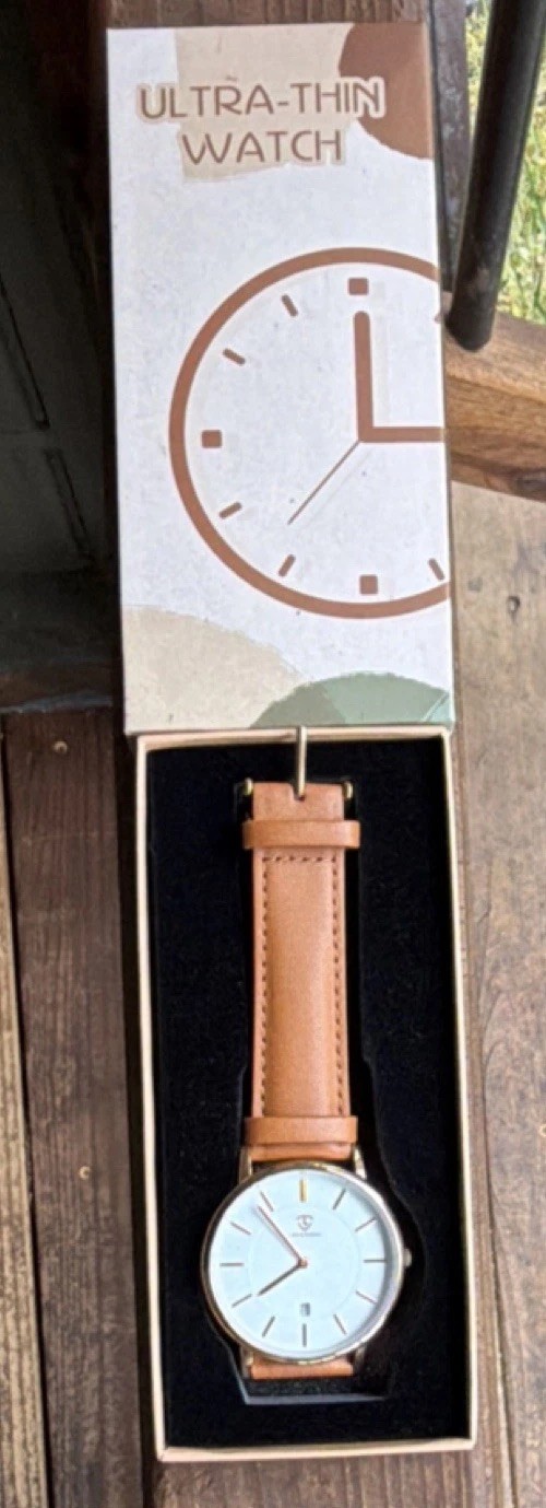 LAVAREDO Ultra-Thin Quartz Unisex Wristwatch Brown Leather Band Gold Case works
