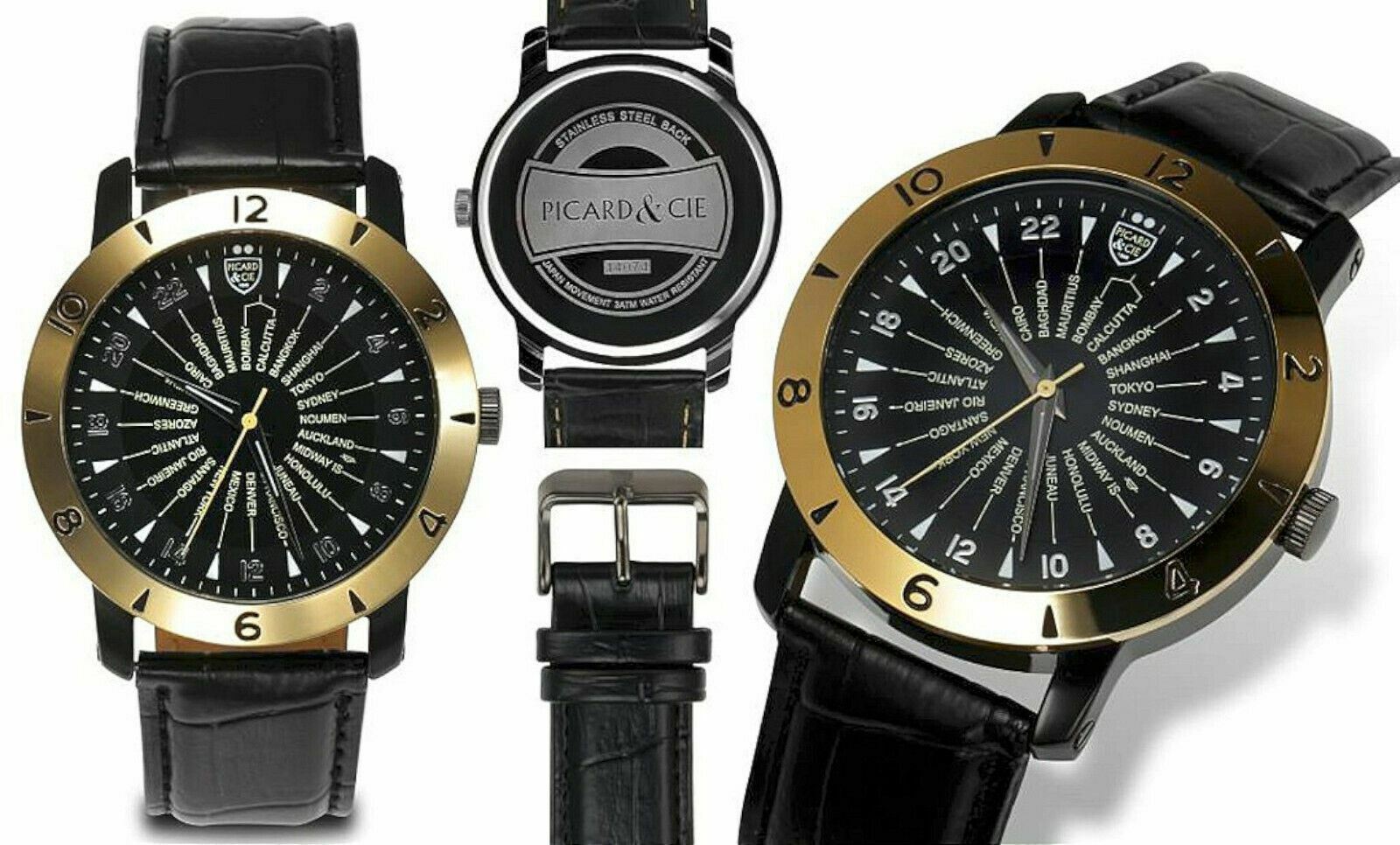 NEW Picard & Cie 14074 Men’s Jet Setter Series Black/Gold Dial Fashion Watch