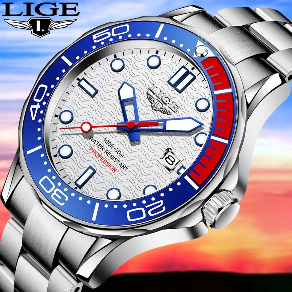 44MM LIGE Luxury Quartz Watch Men’s Diver Luminous Stainless 30M Waterproof NEW